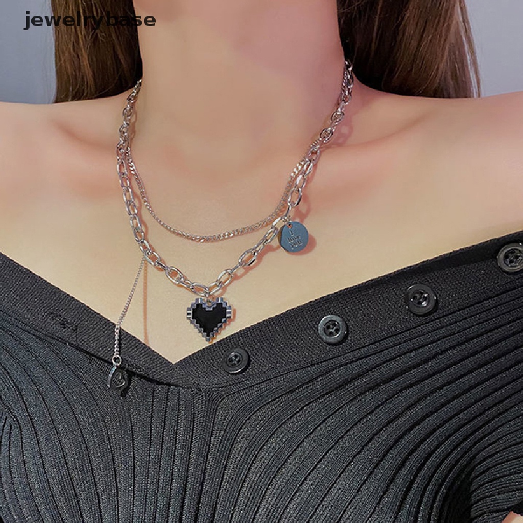 [jewelrybase] Fashion Wanita Seksi Klavikula Liontin Kalung Mosaik Hitam Cinta Hati Kalung Halus Ganda Link Rantai Kalung Surat Sederhana Liontin Klavikula Rantai Perhiasan Hadiah Bouti