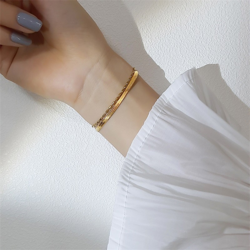 Gelang titanium anti Karat anti Luntur Wanita Rantai Ganda Bulat Kecil Kacang tandem
