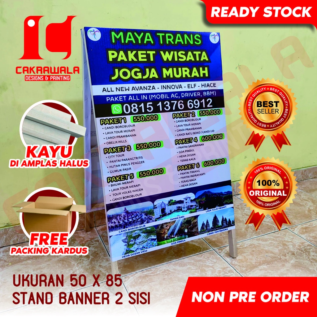 STAND BANNER KAYU PAKET WISATA UKURAN 50 X 85 - STANDING BANNER KAYU - SEGITIGA BANNER KAYU - SEGITI
