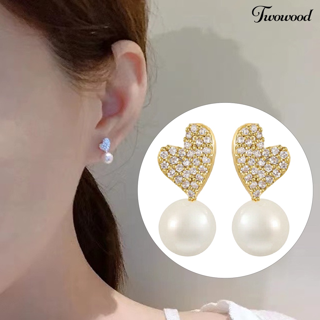 Twowood 1pasang Ear Studs Dainty Elegan Gaya Perancis Temperamen Retro Hadiah Mini High Gloss Mutiara Imitasi Cinta Hati Wanita Anting Perhiasan Aksesoris