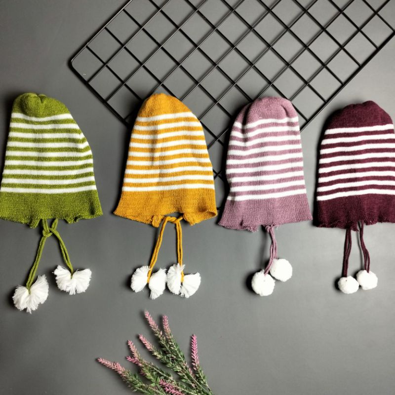 topi kupluk rajut bayi newborn 0-6 bln motif pompom salur