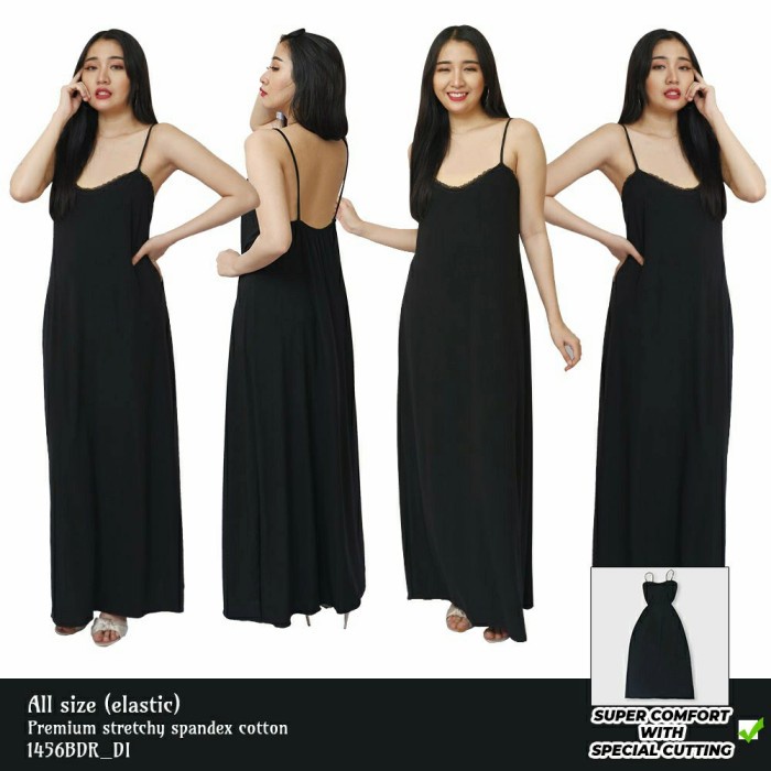 baju dress tidur panjang tanktop wanita Sexy spandex hitam menawan