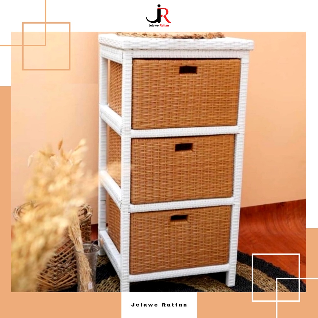 Lemari Laci Susun 3 Atas Rak Penyimpanan Serbaguna Rotan Sintetis