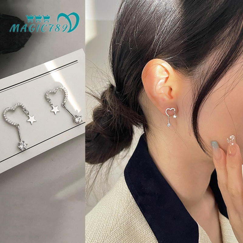Papaozhu Elegan S925 Perak Bersinar Zirkon Hati Bintang Stud Anting-Anting Untuk Gadis Wanita Korea Berkilau Peach Jantung Anting-Anting Temperamen Telinga Ornamen