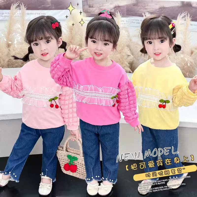 B350 - Setelan Baju Cherry Anak Tangan Balon  / Setelan Tangan Panjang Anak Cewek / Baju Import Mura