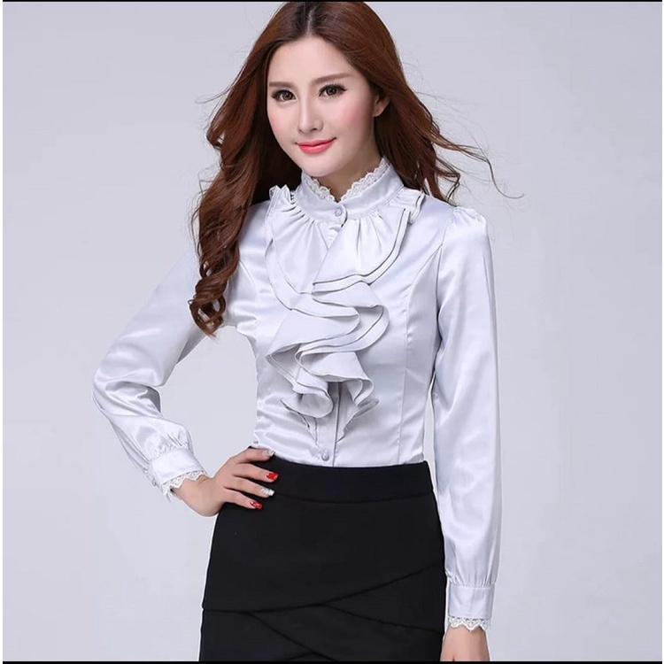 Blouse Beauty merry/ Atasan Kerja Wanita / baju atasan rumbai korean style/ kemeja satin silk lengan