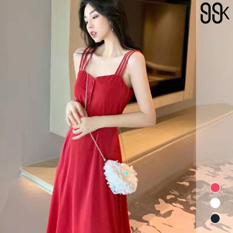 RECOMENDED [CLEARANCE] Women A-Line Button Midi Dress Wanita Bahu Terbuka 1319 (XS-XL)