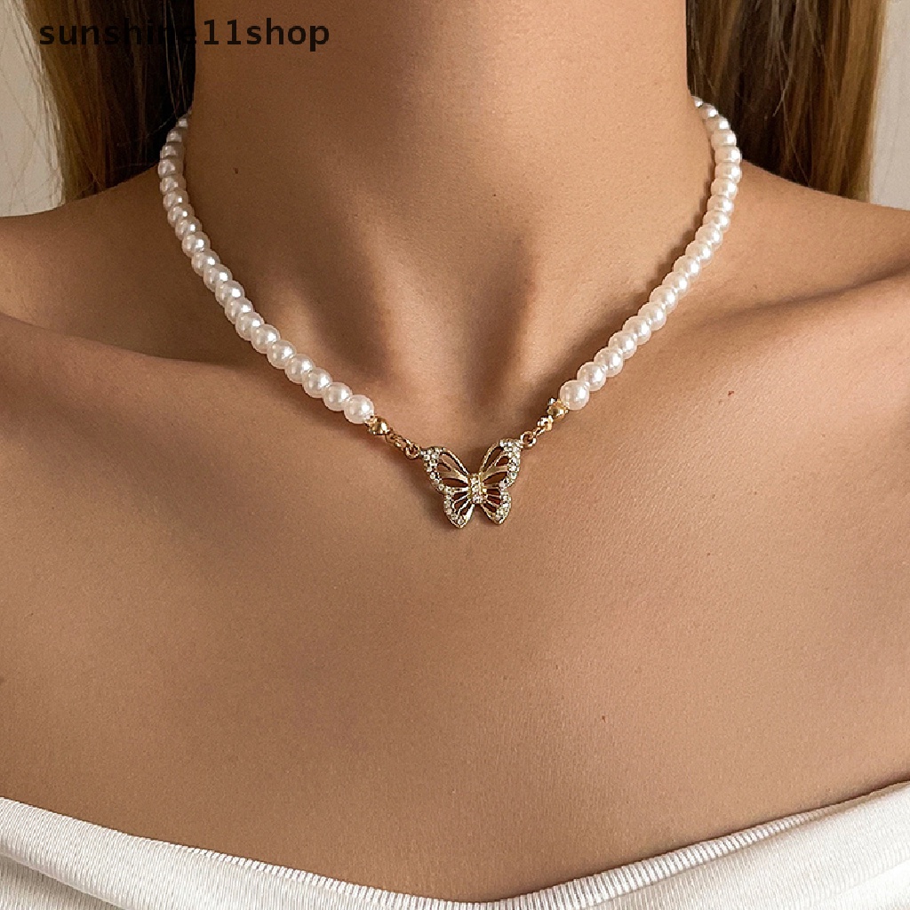 Sho Vintage Elegan Simulasi Kalung Mutiara Fashion Manik-Manik Kupu-Kupu Liontin Choker Necklace Wanita Gadis Pesta Perhiasan N