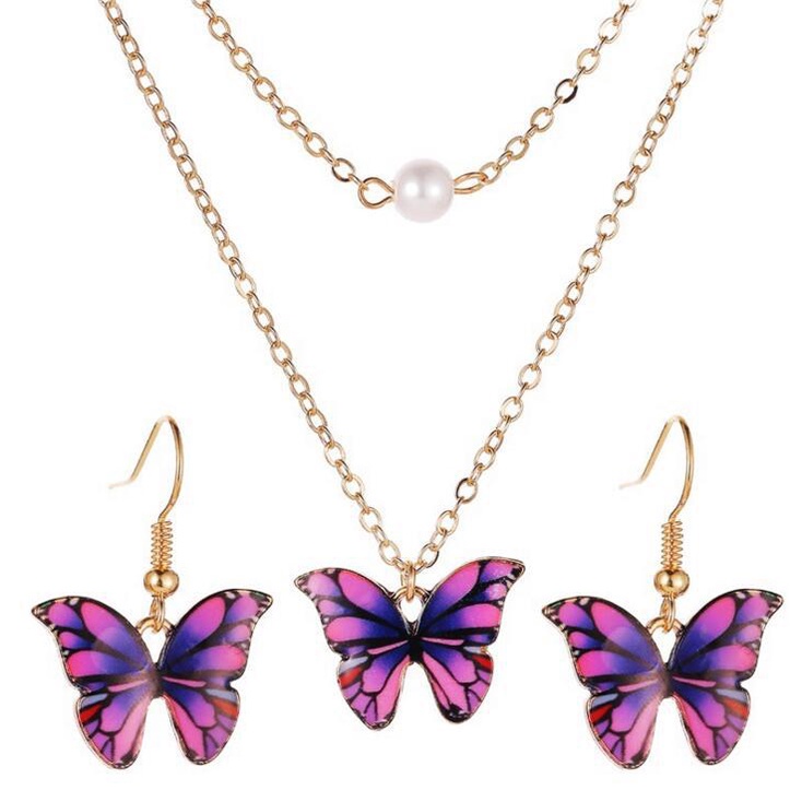 Butterfly Set Kalung Rantai + Anting Tusuk Motif Kupu-Kupu Aksen Hollow Untuk Perhiasan Wanita | Dripping Oil Dua Lapis Aksen Mutiara Warna-Warni | Kalung Rantai Dengan Liontin Bunga Untuk Wanita | Kalung Anting Bahan Stainless Steel | Kotak Hadiah Untuk