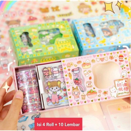 [ Cinicini ] Stiker Roll Set 2D Stiker Buku Stiker Botol Roll SET ( 1 Box 4 Roll 4 Lembar )