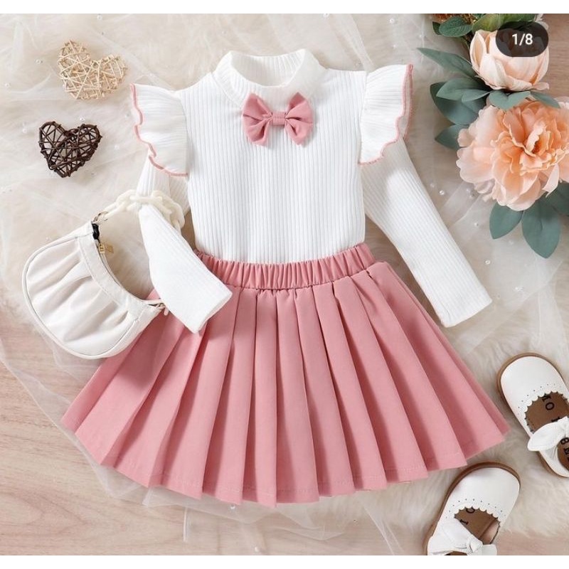 littleflamingo Setelan baju anak perempuan + rok plisket ready stock