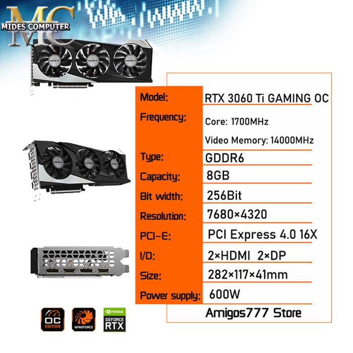 VGA CARD GAMING GeForce RTX 3060 Ti GDDR6 8GB 256 BIT