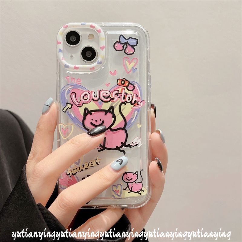 IPHONE Ins Lucu Kartun Graffiti Cinta Hati Kucing Case Kompatibel Untuk Iphone11 7 8 Plus XR 14 13 12 Pro MAX X XS MAX 6 6S Plus Airbag Shockproof Lembut Silicon TPU Penutup Belakang