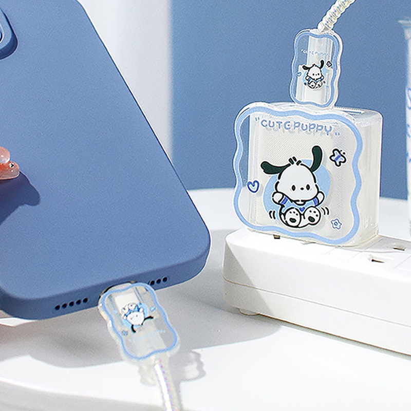 IPHONE Lucu Pochacco Kartun Cover Transparan Lembut Charger Case Untuk Iphone18/20W Tepi Gelombang Biru Dengan Tali Perlindungan Kabel Data Laser 1.6m