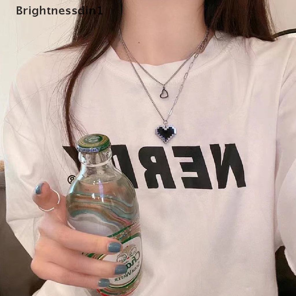 [Brightnessdin1] Mosaik Hitam Cinta pixel peach Jantung Liontin double layered Ribbon Gothic Hip Hop Rantai Perhiasan Panjang Kalung Pria Dan Wanita Kalung Butik