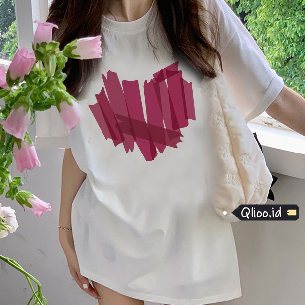 Print T-shirt Kaos Lengan Pendek Pink Graffiti Heart Atasan Wanita Oversize Korean Style