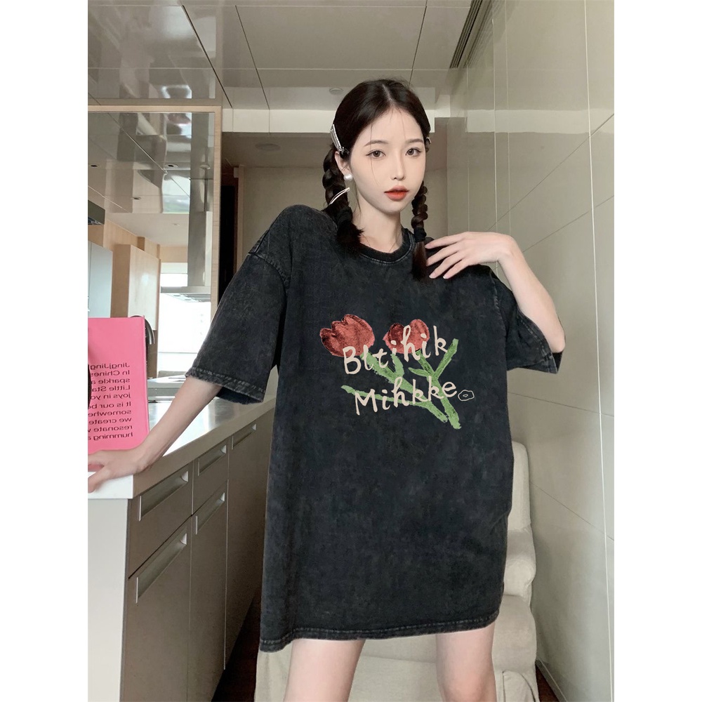 XIAOZHAINV Korean Style Tulip Pattern Washed Printing Kaos Wanita