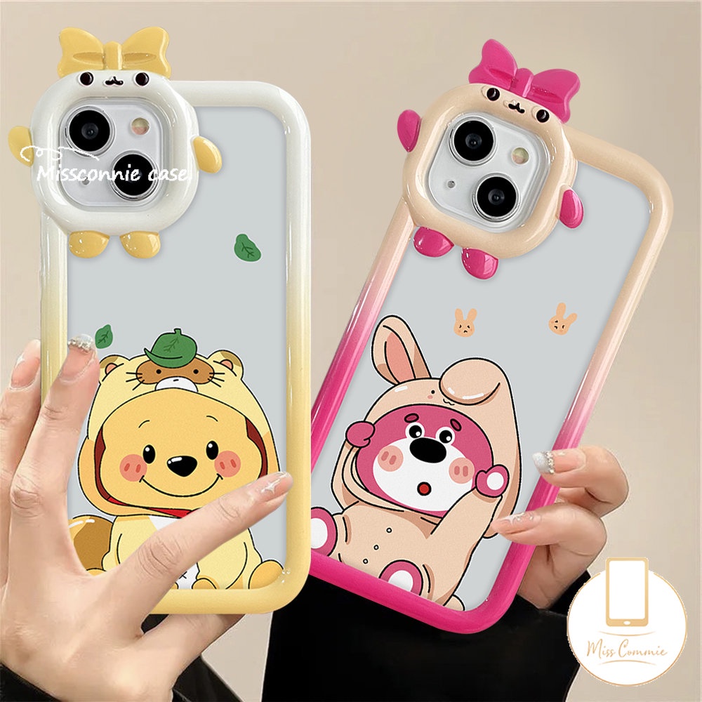 IPHONE 3d Bow-knot Little Monster Lens Cute Strawberry Bear Manyo Case Kompatibel Untuk Iphone11 13 12 14 Pro Max 7 6 14 6s 8 Plus XR X XS Max SE 2020 Lembut Indah Winnie The Pooh Cover