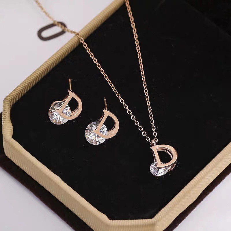 Kalung Desain Huruf D | Set Anting Gantung + Kalung Rantai Dengan Liontin Bunga Untuk Wanita | Rose Gold 18k | Sendok Garpu Bahan Stainless Steel | Aksesoris Bahan Titanium Steel