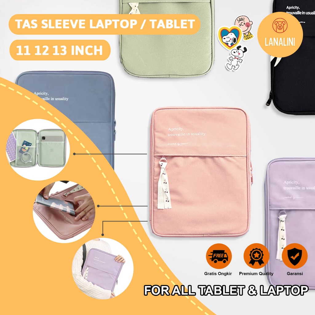 Sleeve Pouch Sarung Tas Ipad Tab Tablet Laptop Macbook Air Pro Asus Acer Lenovo HP Huawei 11 12 13 14 inch Motif Polos Warna Ungu Lilac Purple Pink Green Hijau Biru Blue Hitam Black Cute Murah Korean Model Banyak Ruang Slot Stationary Organizer