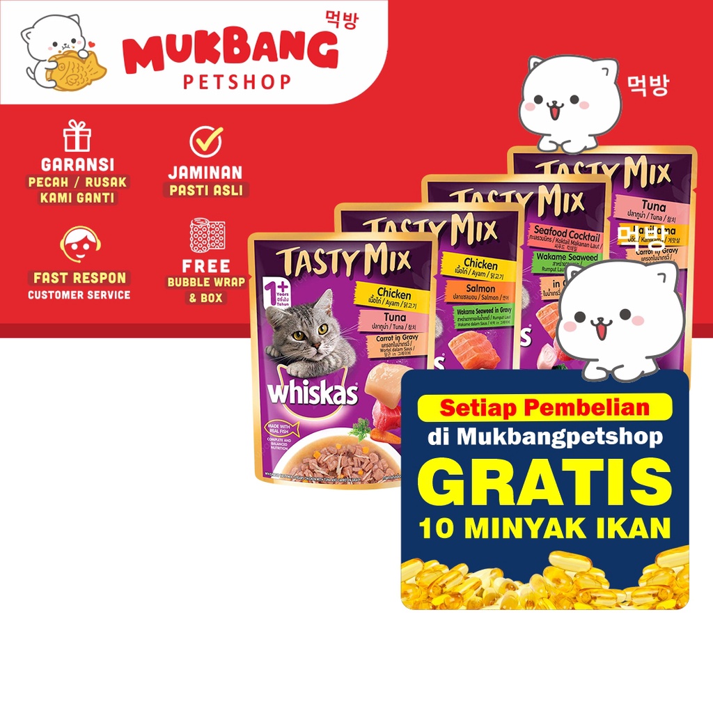 Whiskas Tasty Mix 70 Gram Snack Kucing Basah Cemilan Camilan Kucing Tuna Chicken Salmon Wiskas Sachet Pouch Cat Food Kucing