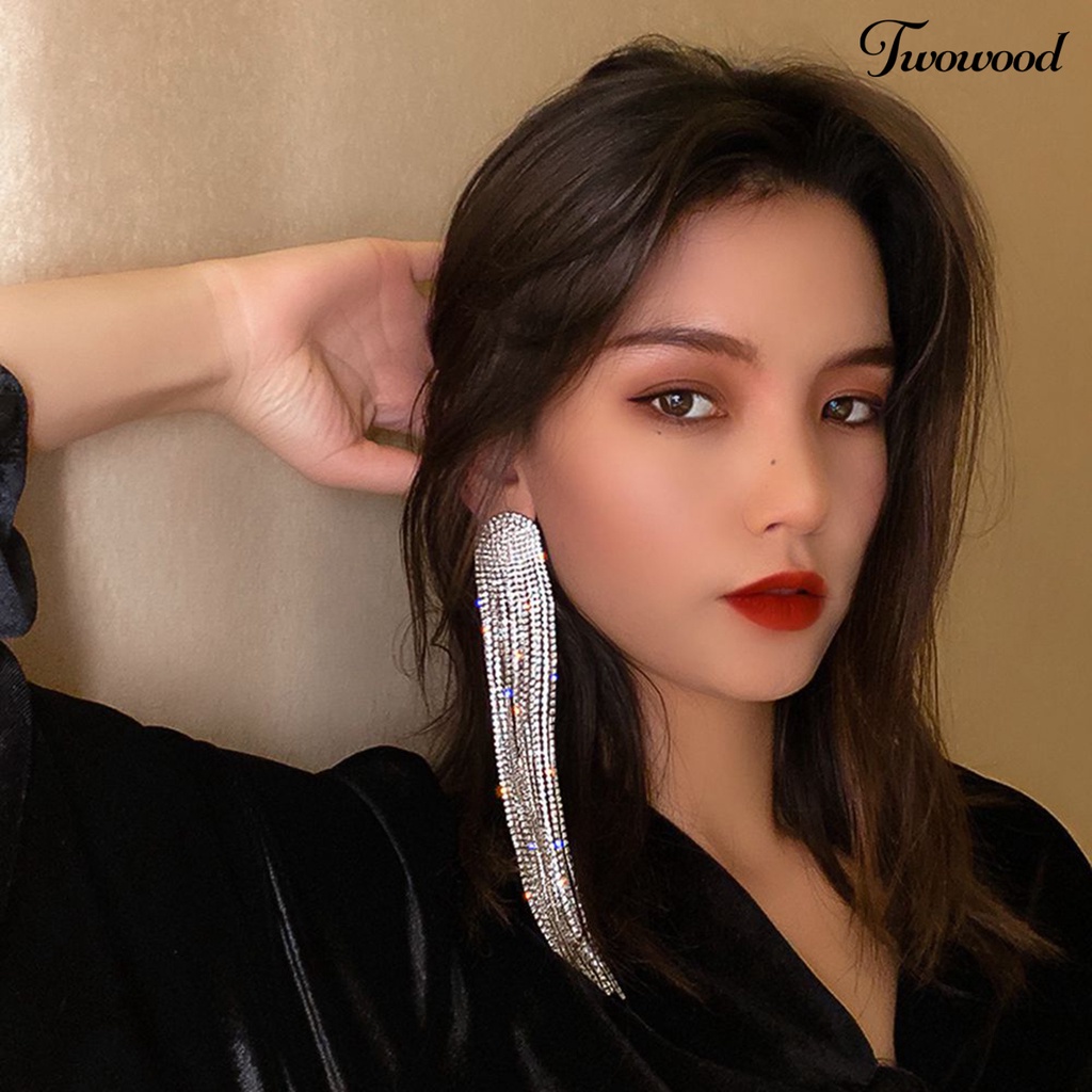 Twowood 1pasang Drop Earrings Shiny Panjang Rumbai Penuh Berlian Imitasi Temperamen Berkilau Berdandan Hadiah Wanita Menjuntai Anting Pesona Perhiasan Aksesori Busana