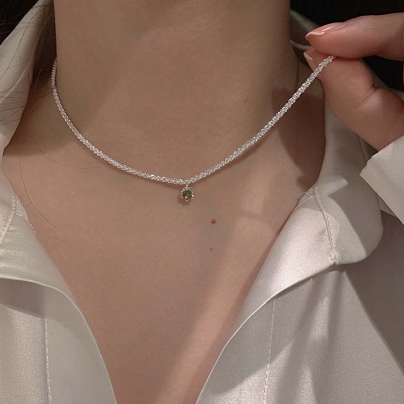 Vintage925 Sterling Silver Kalung Berkilau Klavikula Rantai Berlian Hijau Gypsophila Liontin Kalung Perhiasan Pernikahan Wanita