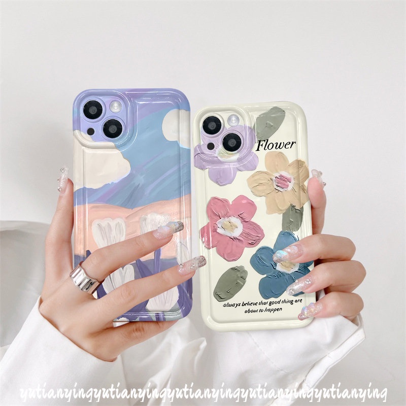 IPHONE Case Bunga Lukisan Cat Minyak Kompatibel Untuk Iphone11 13 12 14 Pro MAX 7Plus XR 6 6S 8P Plus X XS MAX Shockproof Airbag Fresh Art Flower Tulips Soft TPU Silicon Clear Phone Back Cover