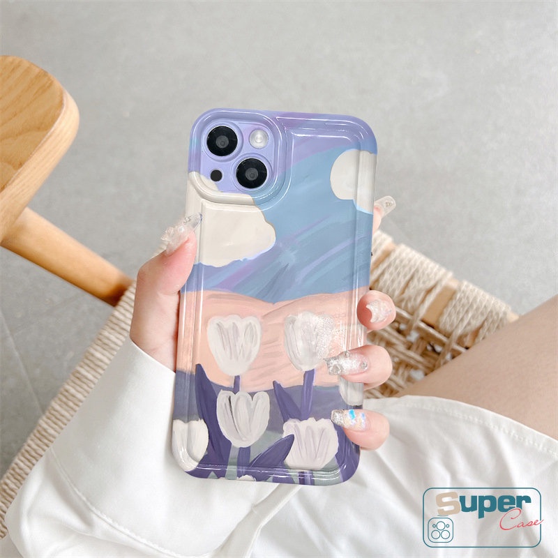 Untuk Oppo A16 A9 A5 A17 A57 A15 A74 A55 A76 A17K A16s A5s A3s A95 A7 A12 A54 A16K A1K A77s Reno5 4F A77 A53 A16E A36 A31 A52 A15s Art Bunga Lukisan Minyak Tulip Airbag Soft Case