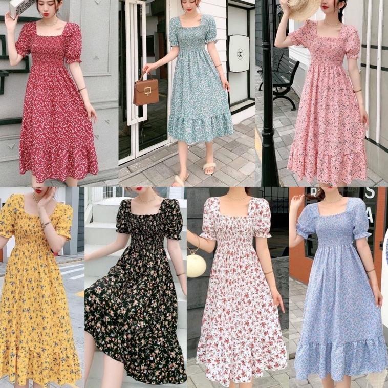 BIG SALE Ziva 지바 Floral Dress Korean Look Pastel Bunga Imlek Korea Look Flower Puffy Pantai Stretch 