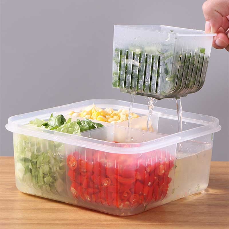 Kulkas Multifungsi Makanan Fresh-keeping Kotak Penyimpanan Segar Buah Sayur Organizer Dengan Tutup Kulkas Wadah Sekat Untuk Bawang Hijau Garlic Plastic Sealed Draining Case