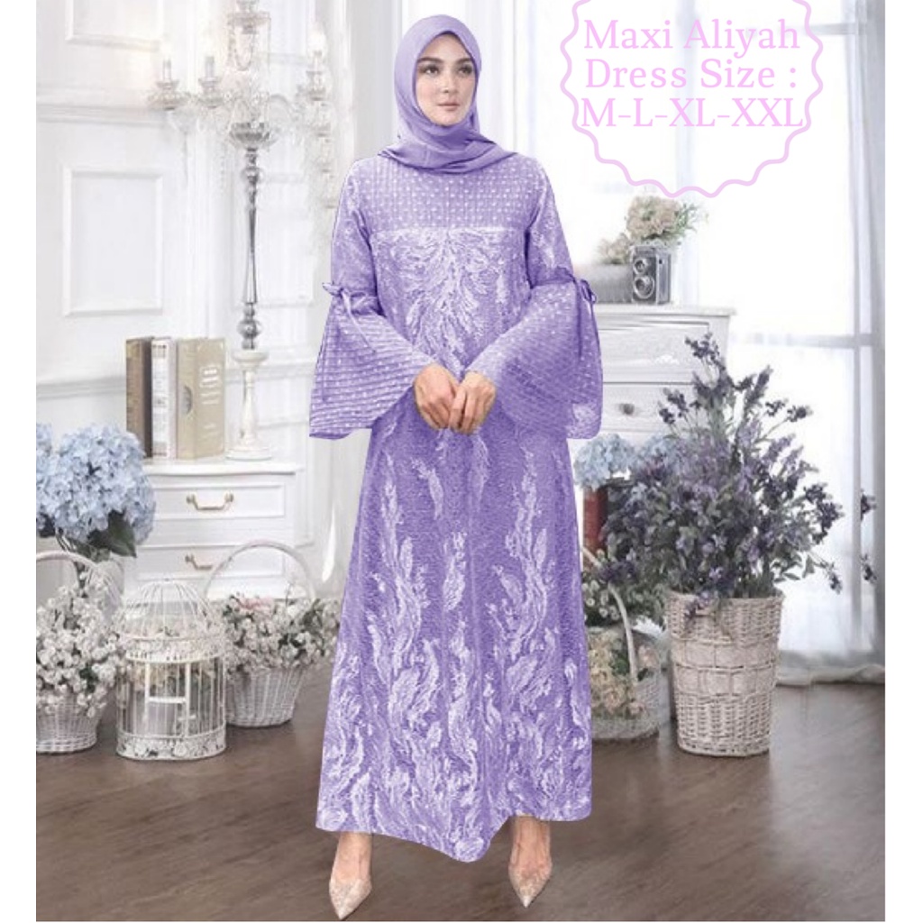 Gamis Wanita Model Terbaru Kekiniann Tangan Terompet /Maxi Aliyah Dress Size M-L-XL-XXL Matt Moscrepe Mix Brokat Mutiara Dan Tille Onde/Gamis Kondangan