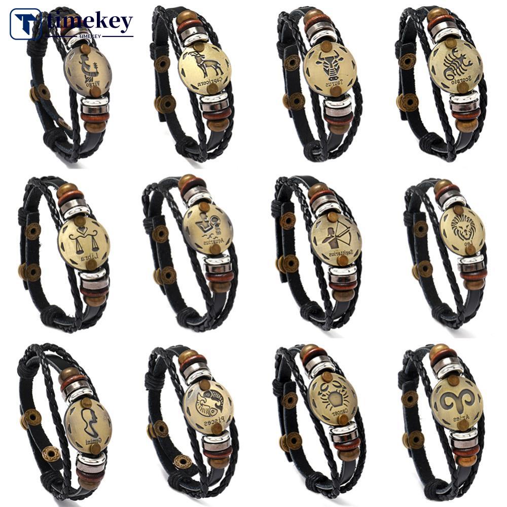 Timekey 12rasi Gelang Kulit Adjustable Rajutan Manik-Manik Gelang Tangan Perhiasan Aksesori Untuk Pria Wanita H4M6