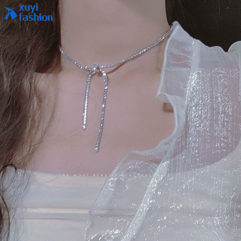 Elegan Busur Zirkon Kalung Sederhana Perak Kerah Rantai Choker Aksesoris Perhiasan