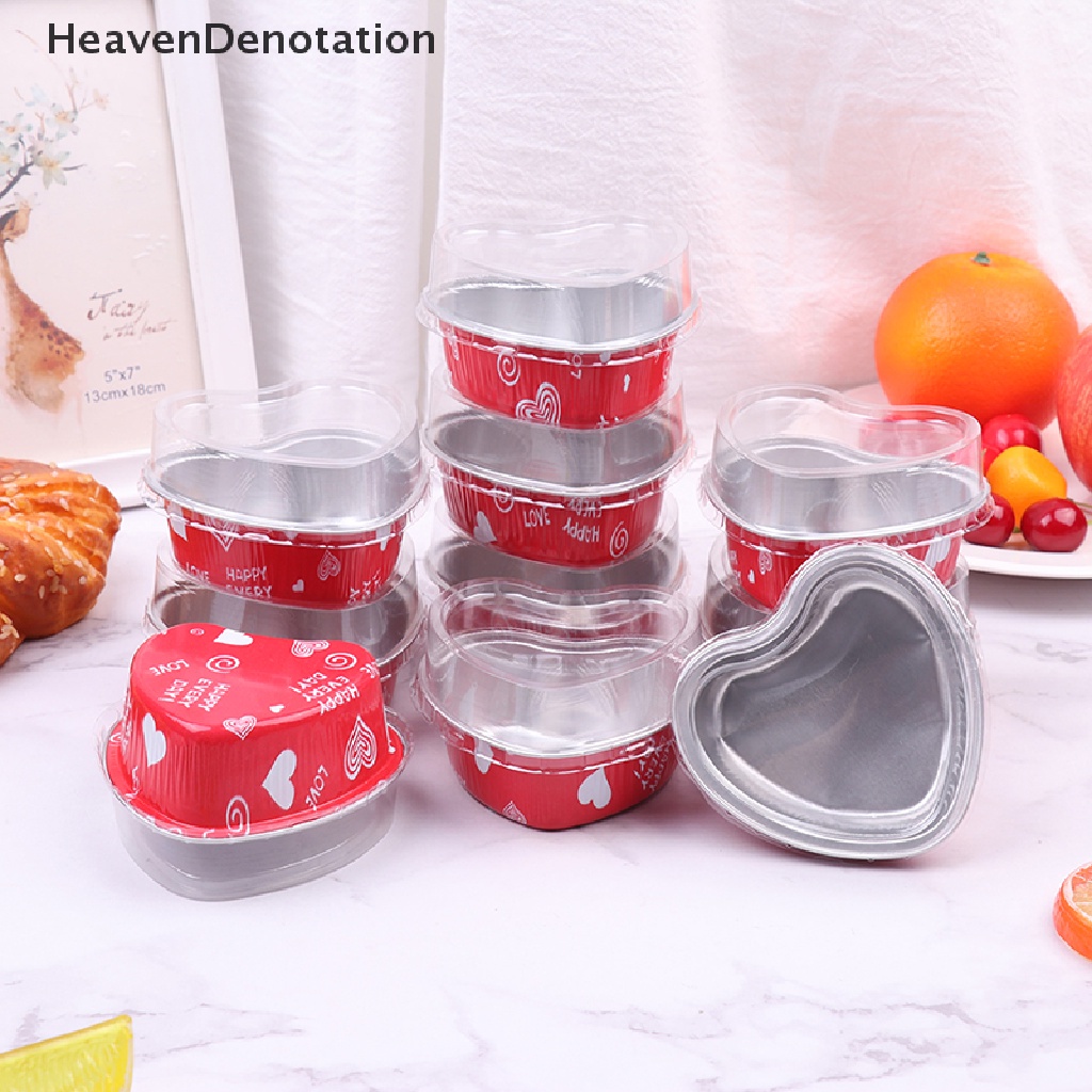 [HeavenDenotation] 10Pcs / Set 100ML Heart Shaped Aluminum Foil Cake Cup with Lids Baking Pans HDV