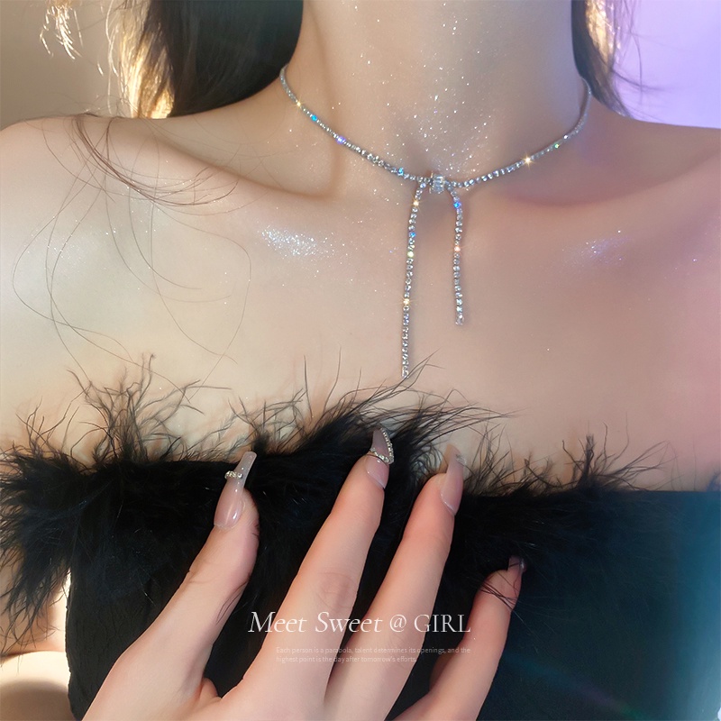 YEEZII Zircon Bow Kalung Untuk Wanita Kristal Perak Rantai Choker Aksesoris Perhiasan