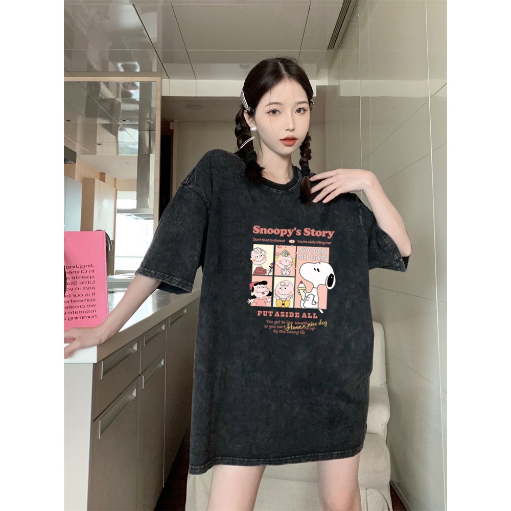 XiaoZhaiNv Korean Style Snoopy Graphic Pattern Washed Printing Kaos Wanita