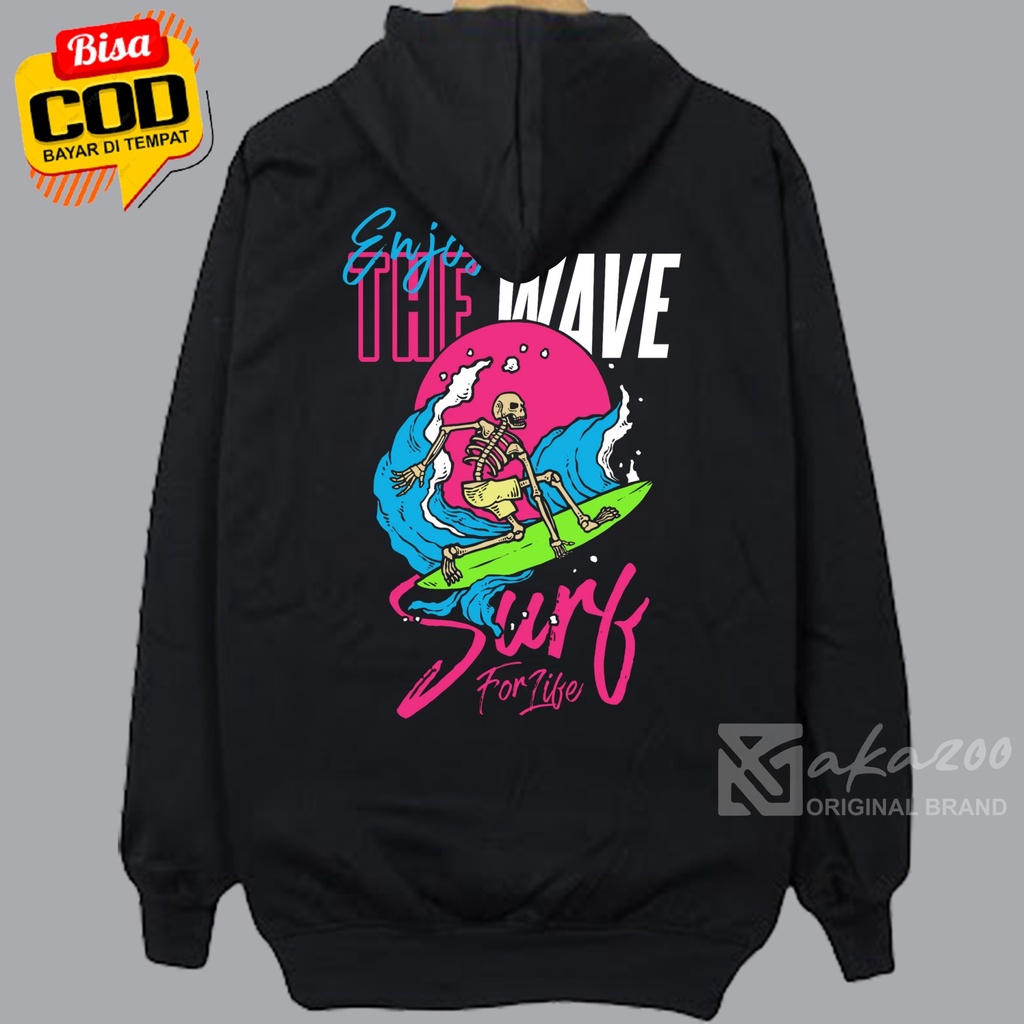 hoodie pria distro terbaru 2023 akazoo ENJOY THE WAVE SKATE gambar sablon blakang switer cowok kekinian