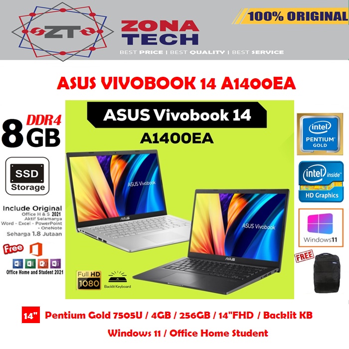 ASUS VIVOBOOK 14 A1400EA - INTEL PENTIUM GOLD 7505U - 4GB/8GB - 256GB SSD - BACKLIT - 14&quot;FHD - W11 - OHS
