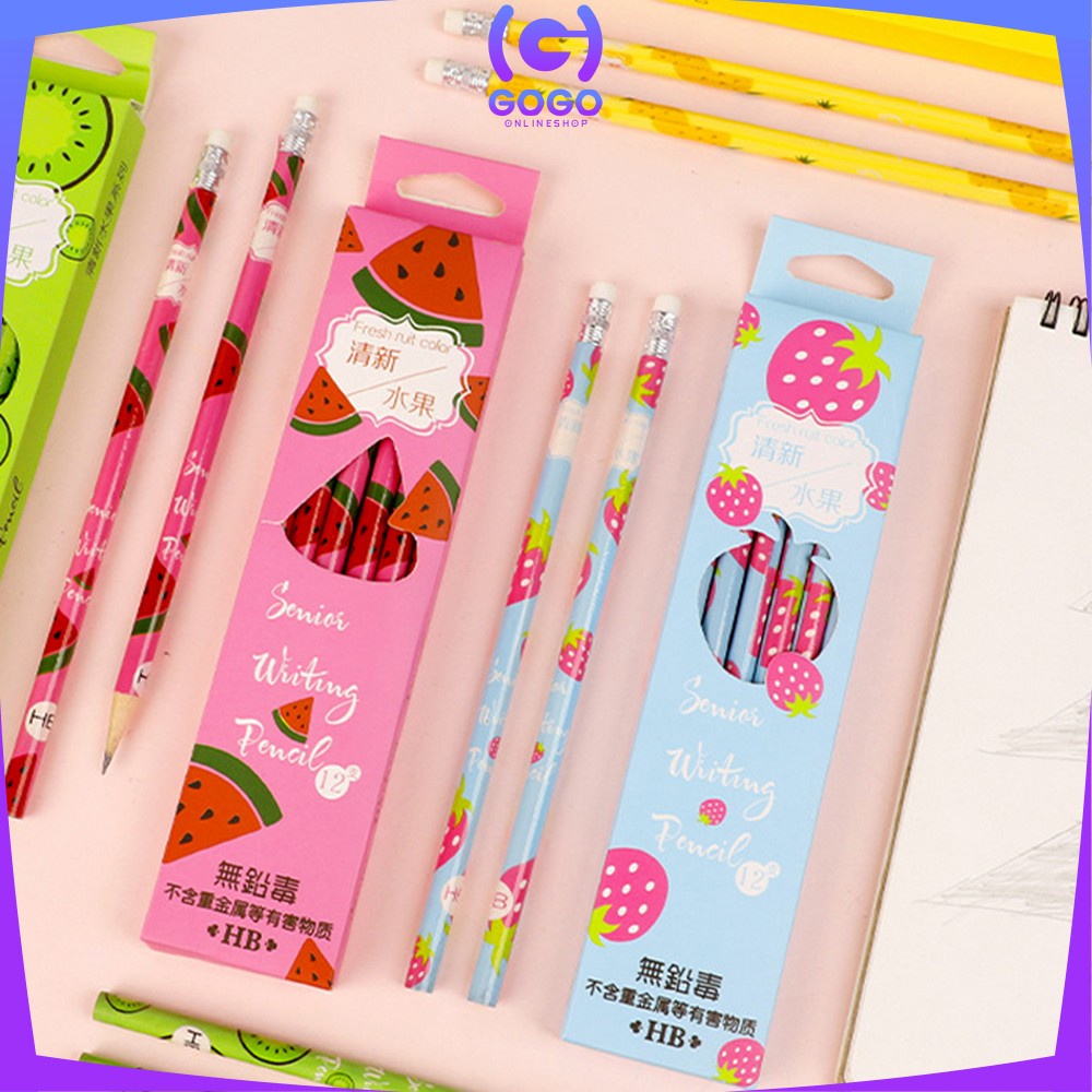 GOGO-A49 Pensil Kayu Set 12IN1 Motif Buah Dengan Penghapus Praktis / Pensil 12pcs Alat Tulis Sekolah Pencil Fruits With Eraser Import
