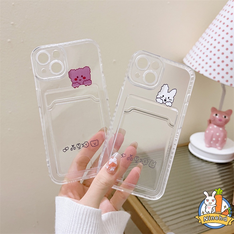 Case Tas Kartu Bening Kompatibel Untuk Iphone14 13 12 11 Pro Max X Xr Xs Max iPhone 8 7 6 6s Plus SE 2020 Ins Kartun Beruang Kelinci Bening Card Holder Silikon Shockproof Soft Phone Case