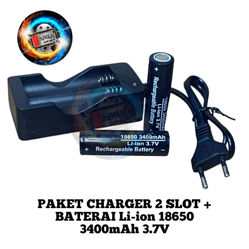 Paket Adaptor Charger + 2 PCS Baterai Li-ion  3400mAh 3.7V Warna Hitam FLATTOP