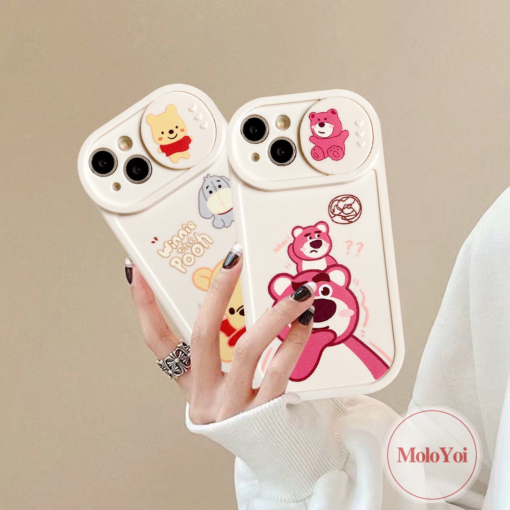 IPHONE Pasangan Case Kompatibel Untuk Iphone13 11 12 Pro MAX 7plus 7 8 Plus XR X XS MAX Kartun Strawberry Bear Manyo Winnie the Pooh Tarik Jendela Kamera Perlindungan Soft Cover