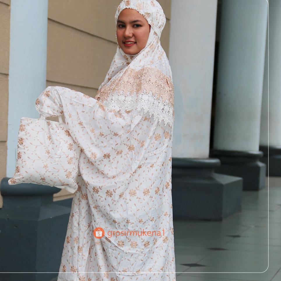 P97 Mukena terusan mukena sutra Jepang prada mukena bordir putih renda coklat Swarovski sambung jumb