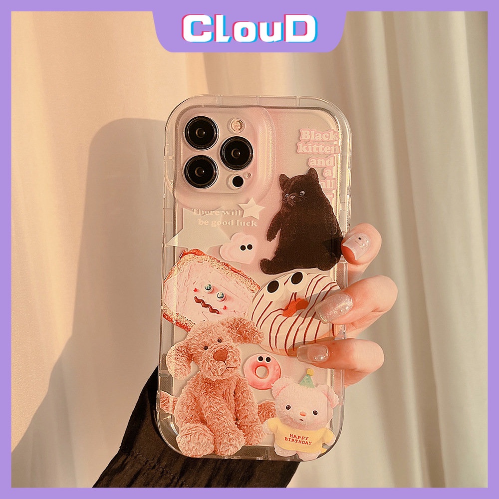Casing Kompatibel Untuk iPhone 7Plus 11 14 13 12 Pro Max X XS Max XR 8 6s 7 6 Plus SE 2020 Hewan Lucu Stiker Shockproof Airbag Case Boneka Beruang Bening Lembut Tpu Cover