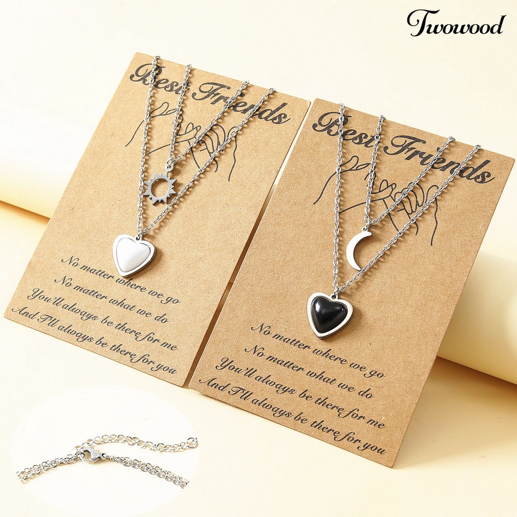 Twowood 1pasang Pasangan Kalung Kepribadian Stainless Steel Dua Lapisan Resin Berlian Imitasi Cinta Hati Matahari Bulan Batu Liontin Kalung Fashion Perhiasan