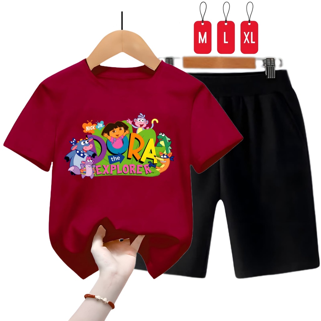 Hzl_outfit Baju Setelan Kaos Anak Perempuan Dora Explorer Usia M 3-4 tahun/ L 5-6 tahun/ XL 7-8 tahun