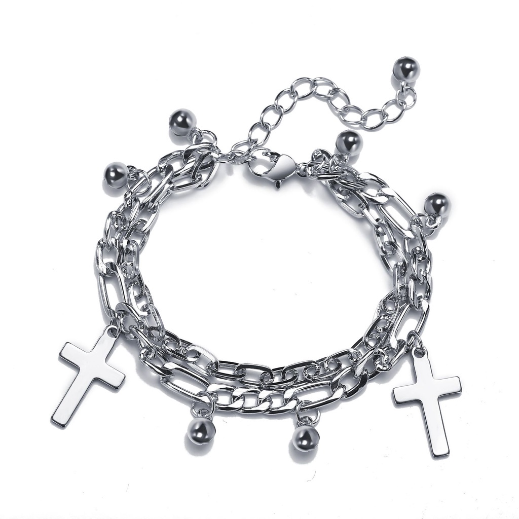 Gelang Model Lapis Ganda Bahan Alloy Desain Beruang | Gelang Tangan Rantai Aksen Hati / Salib Untuk Wanita | Aksesoris Wanita | Sendok Garpu Bahan Stainless Steel