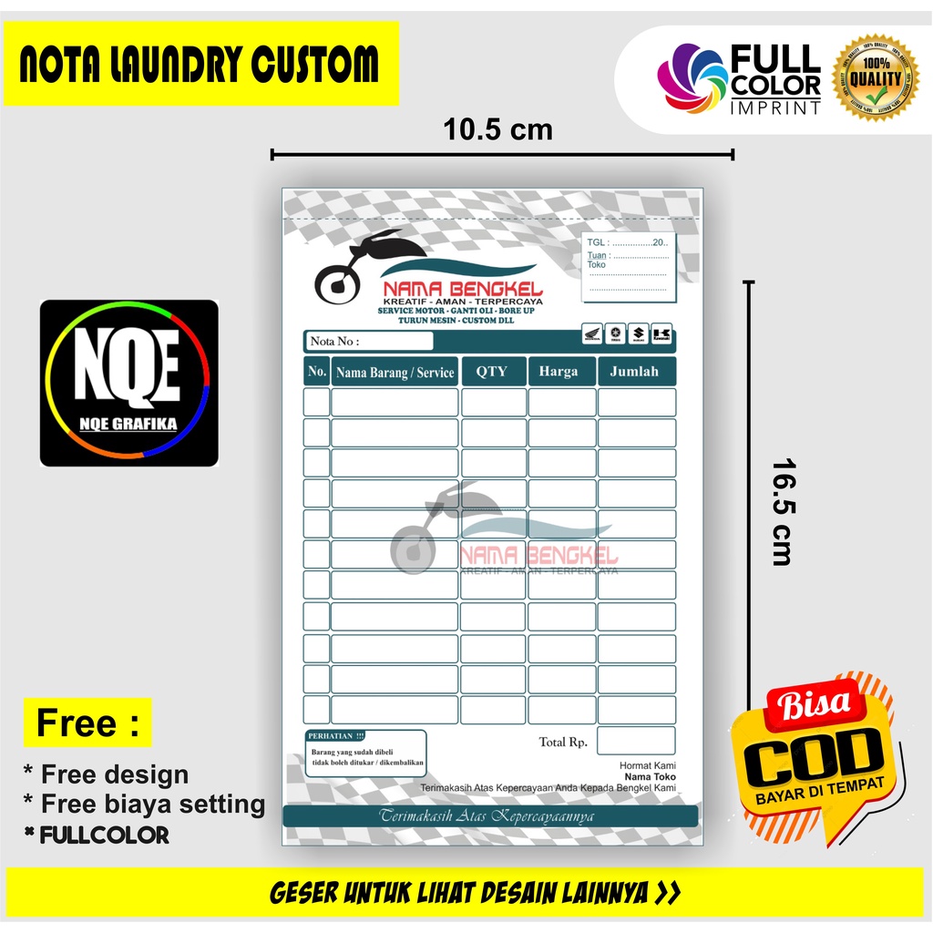 

nota custom, nota custom bengkel nama sendiri ukuran 1/4 hvs