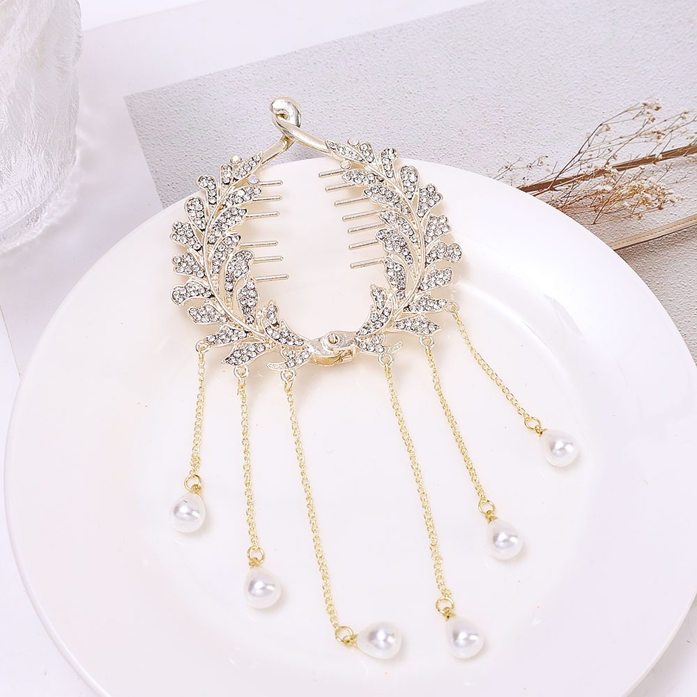 Ins Gaya Berlian Imitasi Rumbai Rambut Cakar Sanggul Hair Clip Hiasan Rambut Pengantin Wanita Elegan Ponytail Holder Hairpin Shiny Ponytail Hair Claw Gadis Fashion Mutiara Berlian Imitasi Jepit